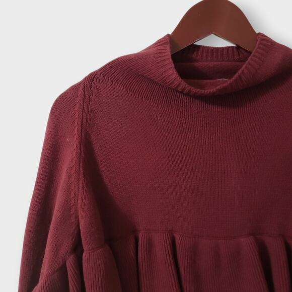 Project Naadam Cable Knit Ruffled Draped Turtleneck Sweater Burgundy Sz Medium - Picture 2 of 11